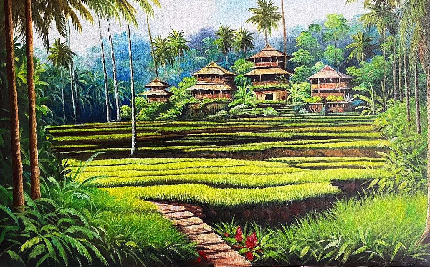 バリ島の棚田の絵画：緑豊かな田園と伝統的な小屋 - Etsy 日本