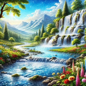 Painting of a Serene Waterfall in a Peaceful Landscape