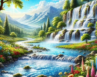 Painting of a Serene Waterfall in a Peaceful Landscape