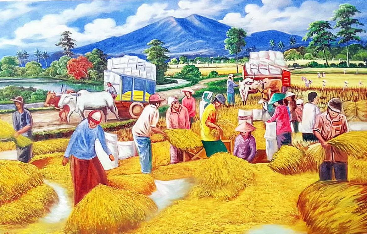Golden Harvest Painting: Traditional Farmers at Work in the Fields