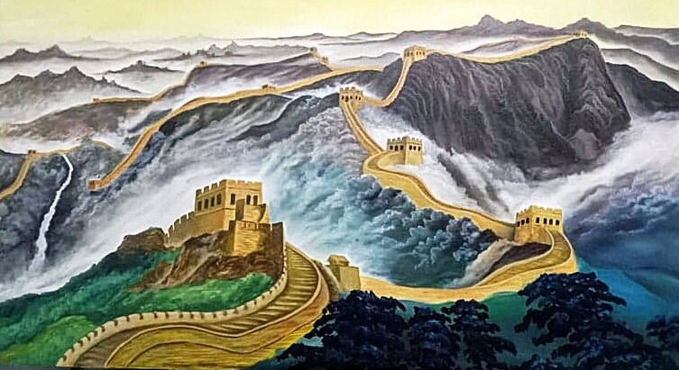 真作】絵画 油彩8号 万里の長城を望む雄大な山岳風景 歴史遺産 Y182 真