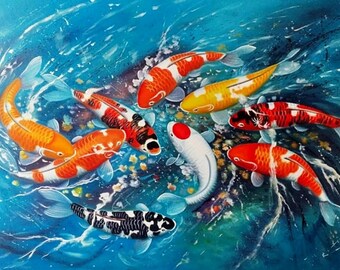 Painting of Prosperous Koi Fish in Blue Nuance