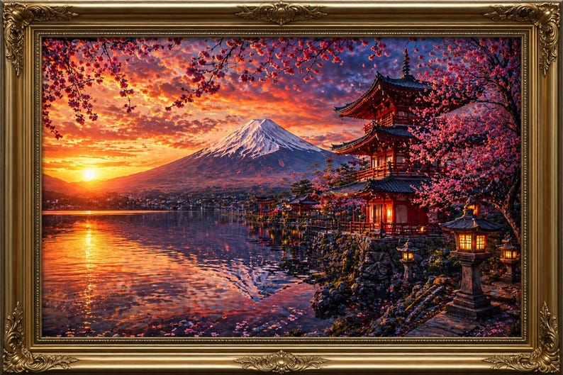 Golden Sunset Over Mount Fuji – Japanese Landscape Painting - Etsy