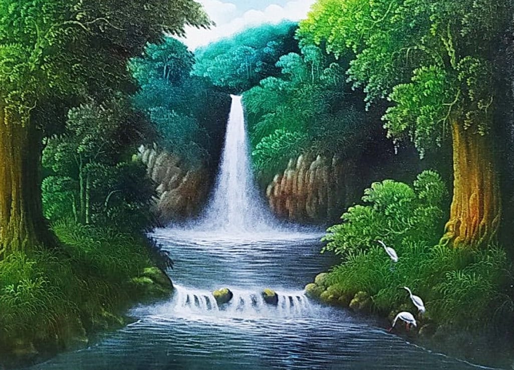 Waterfall Canvas Painting: Shady Trees, Mountain View (135x85cm