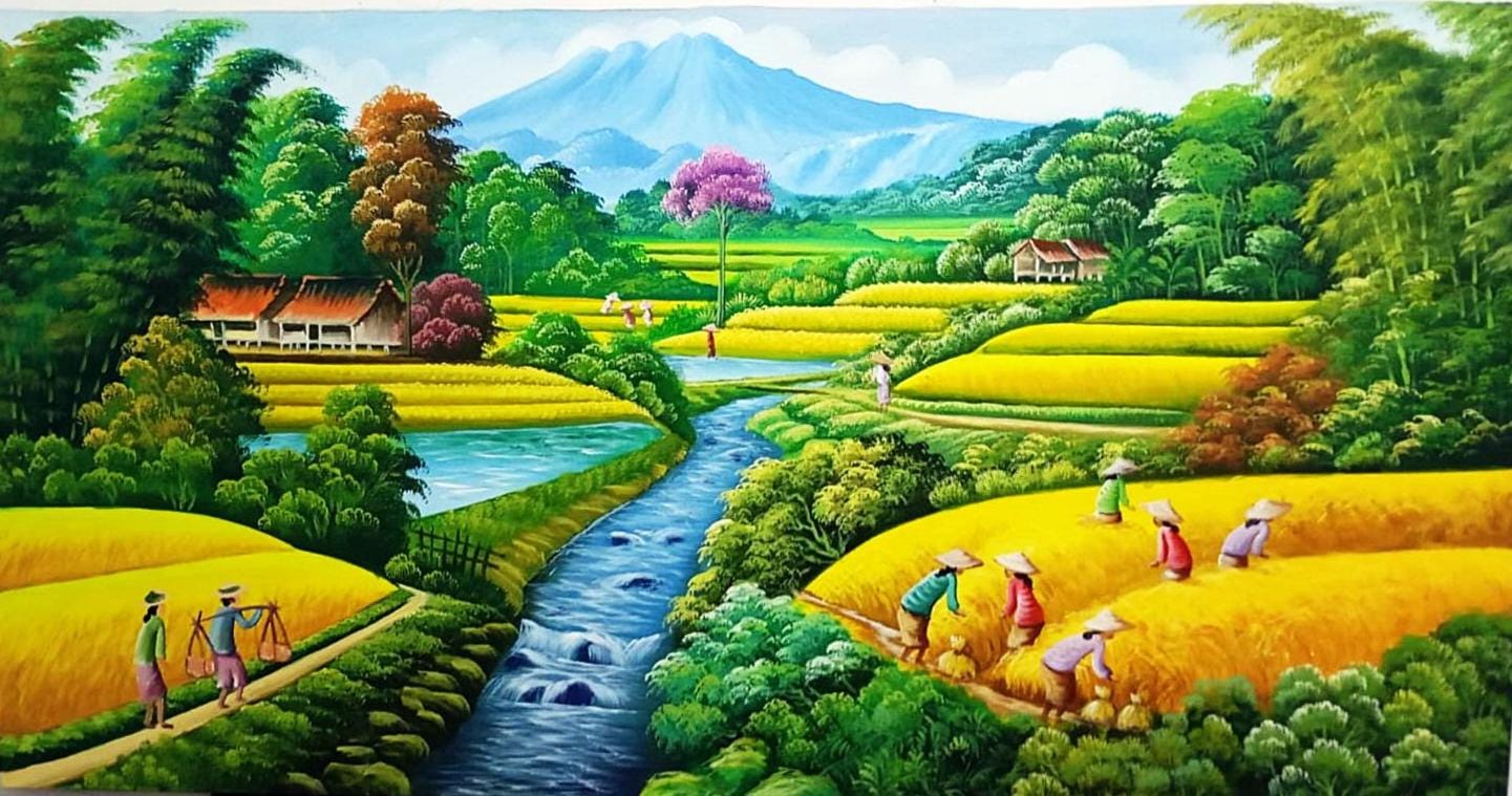 穏やかな田んぼと流れる川 - 静かな村の生活を描いた風景画 - Etsy 日本