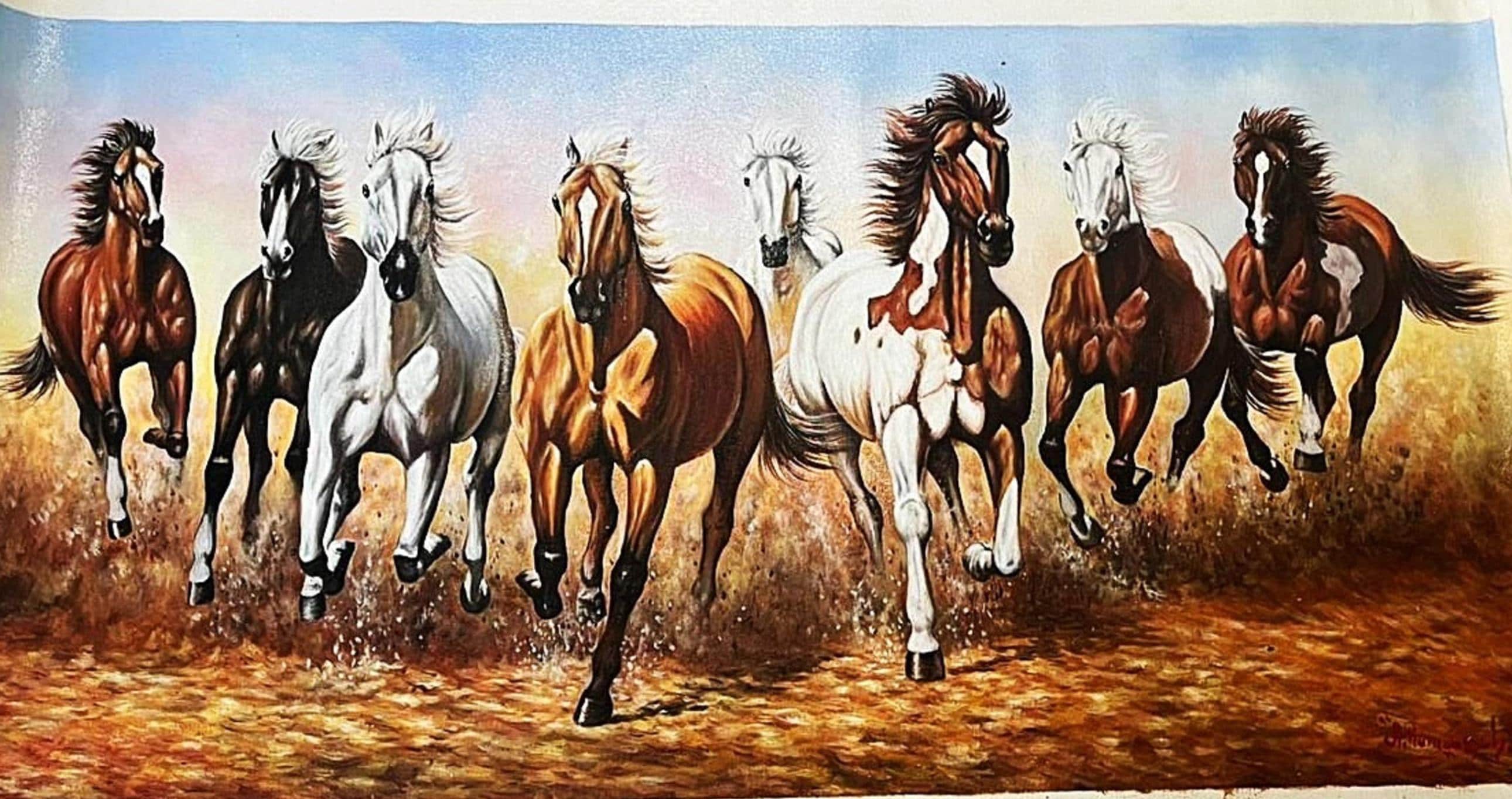 8頭の疾走する馬の絵画 ― 豊かさと成功をもたらす風水壁画 - Etsy 日本