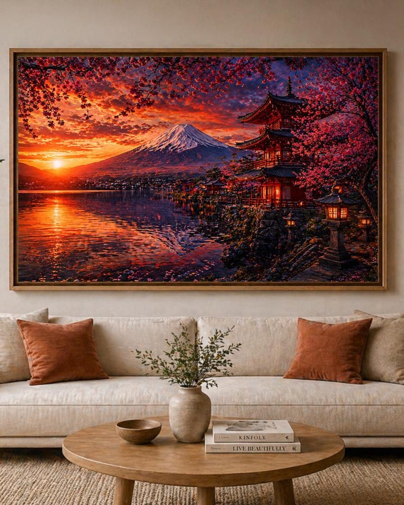 Golden Sunset Over Mount Fuji – Japanese Landscape Painting - Etsy