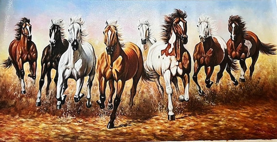 8頭の疾走する馬の絵画 ― 豊かさと成功をもたらす風水壁画 - Etsy 日本