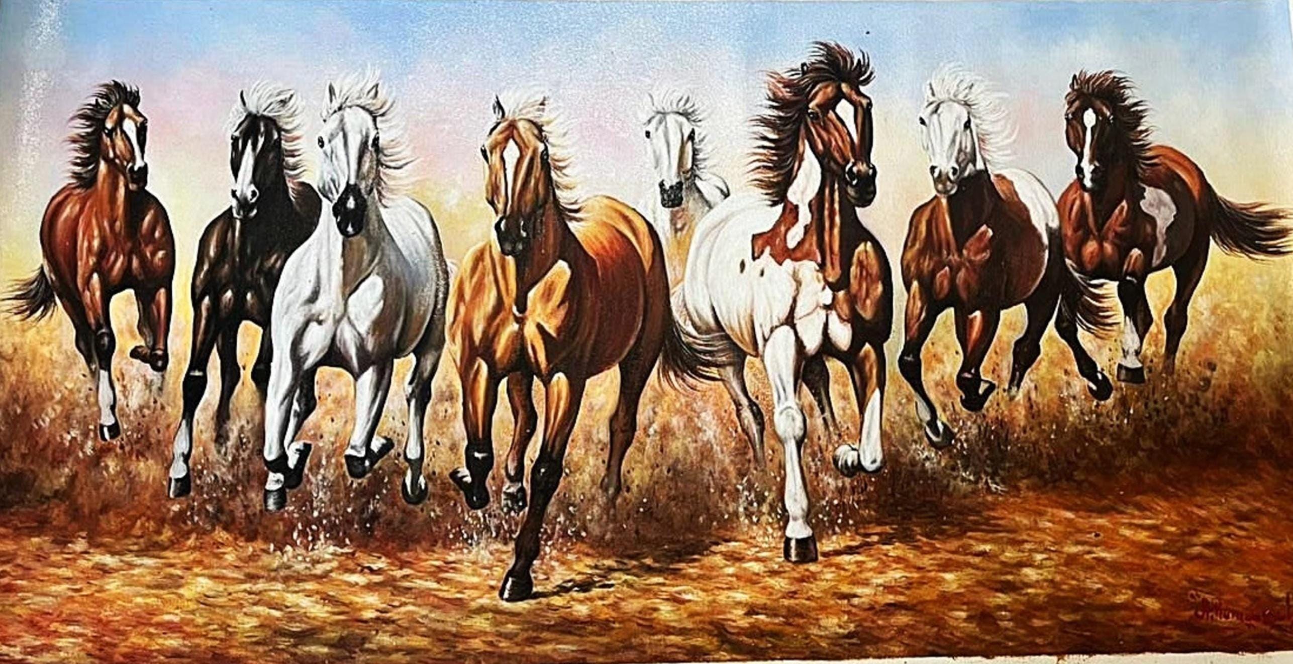 8頭の疾走する馬の絵画 ― 豊かさと成功をもたらす風水壁画 - Etsy 日本
