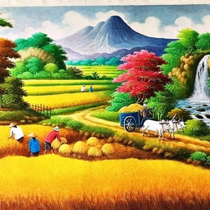 滝と牛車が描かれた稲刈りの絵が素敵
