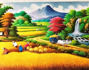 Rice Harvest Painting With Waterfall And Cow Cart That Looks Nice