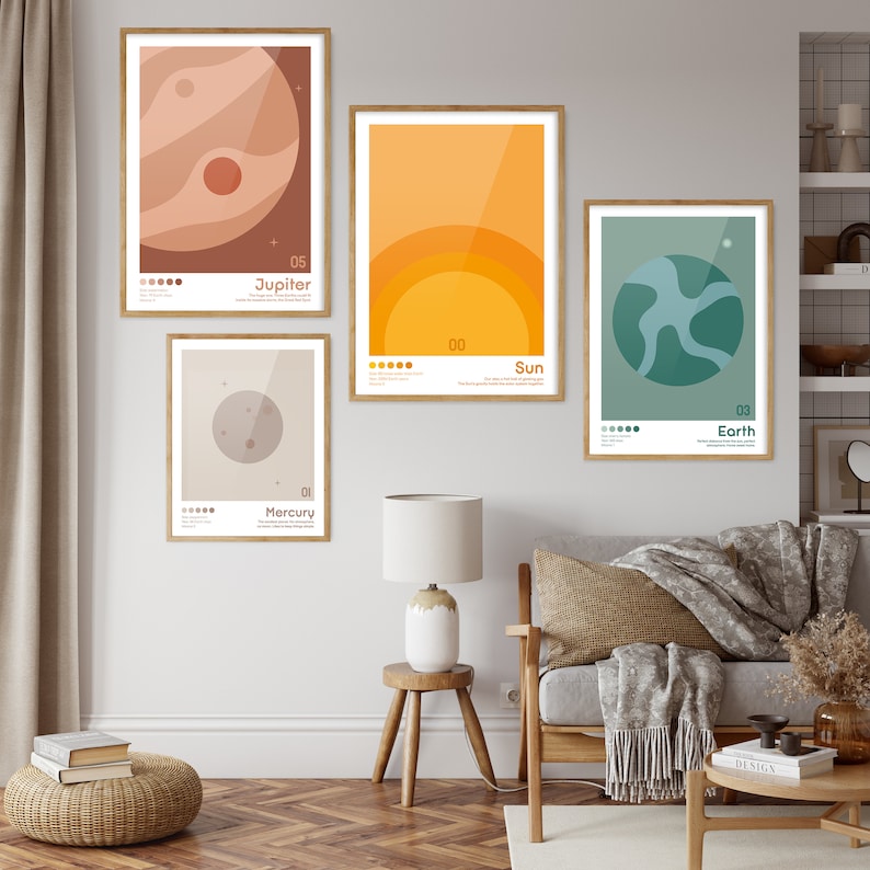 K&ouml;nnte beinhalten: Drei gerahmte Drucke mit Illustrationen von Planeten und der Sonne. Die Drucke sind im minimalistischen Stil mit einem beigefarbenen Hintergrund und bunten Illustrationen gehalten. Die Drucke sind mit den Namen der Planeten und der Sonne sowie ihren Nummern im Sonnensystem beschriftet. Die Drucke h&auml;ngen an einer hellgrauen Wand.