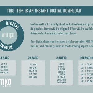 K&ouml;nnte beinhalten: Eine Grafik f&uuml;r den digitalen Download mit dem Text "Dieser Artikel ist ein sofortiger digitaler Download". Die Grafik enth&auml;lt einen blauen Kreis mit dem Text "Digitaler Download" und das Logo "Astiko Studio". Die Grafik enth&auml;lt auch eine Tabelle mit verschiedenen Seitenverh&auml;ltnissen und den entsprechenden Gr&ouml;&szlig;en in Zoll und Zentimetern.
