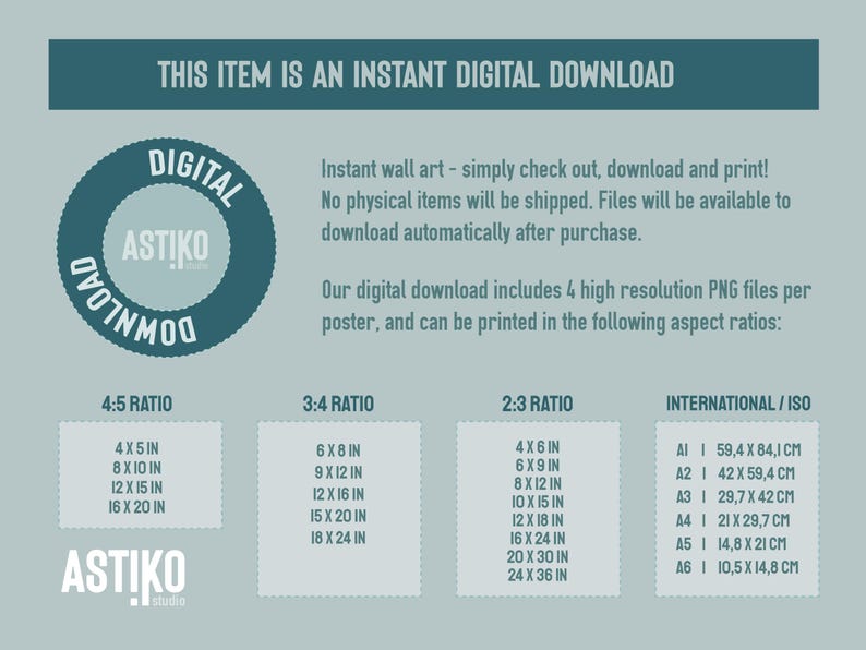 K&ouml;nnte beinhalten: Eine Grafik f&uuml;r den digitalen Download mit dem Text "Dieser Artikel ist ein sofortiger digitaler Download". Die Grafik enth&auml;lt einen blauen Kreis mit dem Text "Digitaler Download" und das Logo "Astiko Studio". Die Grafik enth&auml;lt auch eine Tabelle mit verschiedenen Seitenverh&auml;ltnissen und den entsprechenden Gr&ouml;&szlig;en in Zoll und Zentimetern.