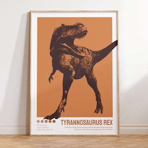 May include: A poster featuring a brown Tyrannosaurus Rex dinosaur silhouette on an orange background. The poster includes the text "Tyrannosaurus Rex" and facts about the dinosaur, including its diet, length, and speed.