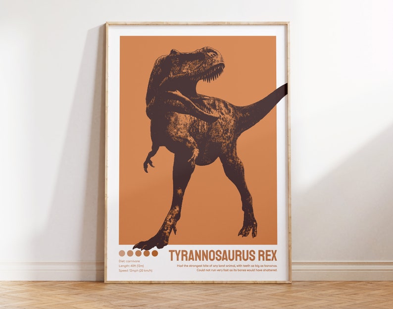 May include: A poster featuring a brown Tyrannosaurus Rex dinosaur silhouette on an orange background. The poster includes the text "Tyrannosaurus Rex" and facts about the dinosaur, including its diet, length, and speed.