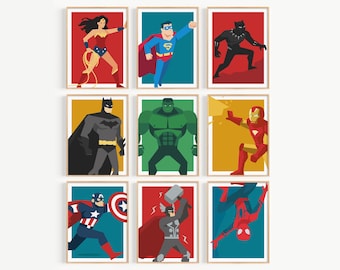 Set of 9 Superhero Wall Art Printables for Kids Room, Colorful Comic Hero Posters, Nursery Bedroom Decor, Digital Download, Heroes Art