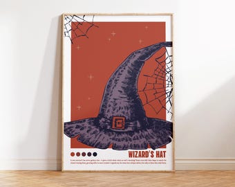 Wizard’s Hat Print, Magic Hat, Witch hat, Sorcerer’s Hat Wall Art, Fantasy Print, Digital Download, Spellcaster Decor, Red print, Spider web
