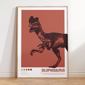Dilophosaurus print, Dinosaur wall art, Digital download, Crested dinosaur, Bauhaus print, Kid&#39;s room decor, Vintage dinosaur, Red print