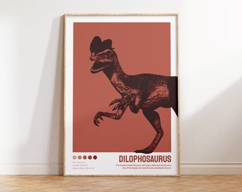 Dilophosaurus print, Dinosaur wall art, Digital download, Crested dinosaur, Bauhaus print, Kid's room decor, Vintage dinosaur, Red print