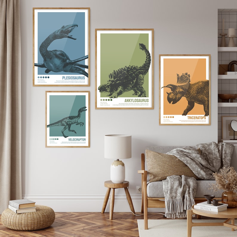 May include: Four framed prints of dinosaurs with their names: Plesiosaurus, Ankylosaurus, Triceratops, and Velociraptor. The prints are on a white wall with a wooden floor and a sofa with a throw blanket.