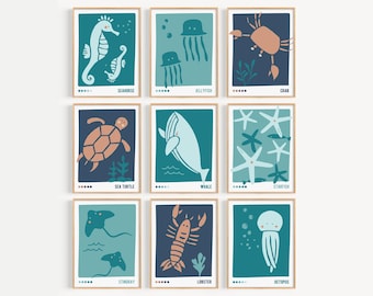 Set of 9 Ocean Animal Prints, Whale print, Under the Sea Nursery, Nautical wall art, Sea animals Kids Poster, Marine Life, Digital Download