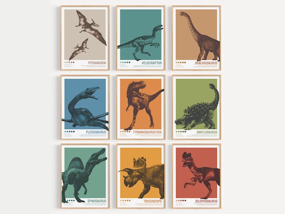 Lot de 9 posters Dinosaures, Décoration dinosaure enfant, Affiches imprimables Bauhaus, Silhouettes dinos, T-Rex, Ankylosaure, Triceratops