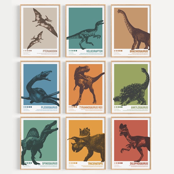 Lot de 9 posters Dinosaures, Décoration dinosaure enfant, Affiches imprimables Bauhaus, Silhouettes dinos, T-Rex, Ankylosaure, Triceratops