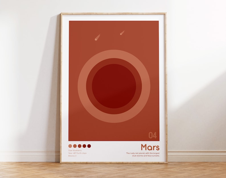K&ouml;nnte beinhalten: Ein minimalistisches Poster mit einem roten, orangefarbenen und rosafarbenen Kreisdesign, das den Planeten Mars darstellt. Das Poster tr&auml;gt die Nummer 04 und das Wort "Mars" in wei&szlig;er Schrift. Der Text darunter lautet "Der rostige rote Planet mit den gr&ouml;&szlig;ten Staubst&uuml;rmen und blauen Sonnenunterg&auml;ngen."