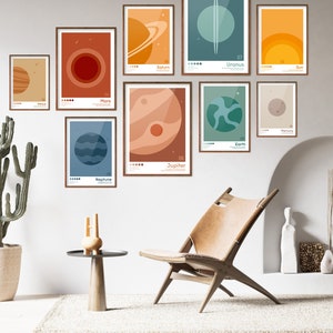 K&ouml;nnte beinhalten: Ein Set aus neun minimalistischen Postern mit Illustrationen von Planeten in einer ged&auml;mpften Farbpalette. Die Poster sind in Holz gerahmt und haben einen wei&szlig;en Hintergrund mit den Namen der Planeten, die unter jeder Illustration gedruckt sind. Die Planeten umfassen Venus, Mars, Jupiter, Saturn, Uranus, Neptune, Erde, Merkur und die Sonne.