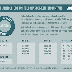 May include: A digital download information graphic with a light blue background and white text. It lists file ratios including 4:5, 3:4, 2:3, 11:14, and International ISO sizes ranging from A1 to A6, with specific dimensions in centimeters and inches.