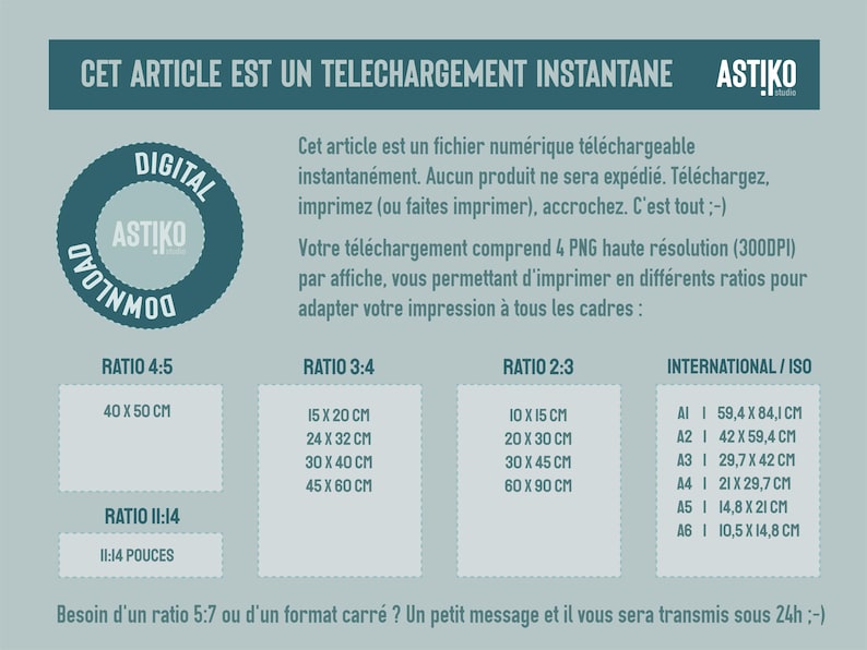 May include: A digital download information graphic with a light blue background and white text. It lists file ratios including 4:5, 3:4, 2:3, 11:14, and International ISO sizes ranging from A1 to A6, with specific dimensions in centimeters and inches.
