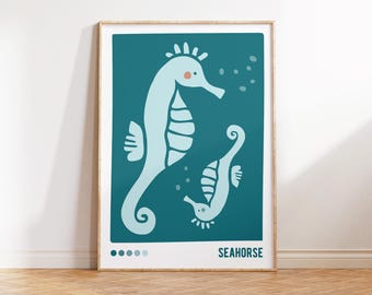 Sea horse Wall Art Printable, Montessori Ocean Animal Poster, Nursery Decor, Seahorse Digital Download, Baby Sea Art, Blue Kids room decor