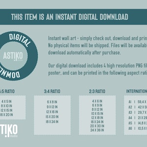 May include: A teal blue circle with the text "DIGITAL DOWNLOAD" and the logo "ASTIKO studio" inside. The text "This item is an instant digital download" is above the circle. The text below the circle describes the digital download as including 4 high resolution PNG files per poster, and can be printed in the following aspect ratios: 4:5, 3:4, 2:3, and International/ISO. The text lists the different sizes available for each aspect ratio in inches and centimetres.