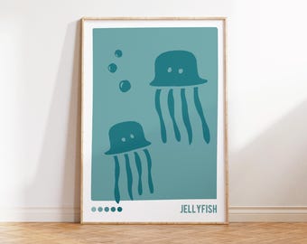 Jellyfish decor, Sea Nursery wall art, Ocean Animal Print, Digital Sea Creature Flashcard, Montessori Jellyfish Poster, Turquoise blue print