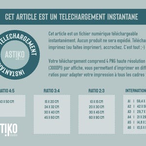K&ouml;nnte beinhalten: Ein blauer Kreis mit dem Text "TELECHARGEMENT INSTANTANE" und dem Logo "ASTIKO" darin. Der Text "CET ARTICLE EST UN TELECHARGEMENT INSTANTANE" befindet sich oben im Bild. Das Bild enth&auml;lt auch eine Tabelle mit verschiedenen Druckgr&ouml;&szlig;en in Zentimetern. Die Texte "RATIO 4:5", "RATIO 3:4", "RATIO 2:3" und "INTERNATIONAL/ISO" stehen oben in jeder Spalte.
