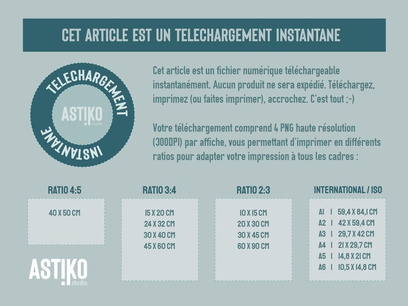 K&ouml;nnte beinhalten: Ein blauer Kreis mit dem Text "TELECHARGEMENT INSTANTANE" und dem Logo "ASTIKO" darin. Der Text "CET ARTICLE EST UN TELECHARGEMENT INSTANTANE" befindet sich oben im Bild. Das Bild enth&auml;lt auch eine Tabelle mit verschiedenen Druckgr&ouml;&szlig;en in Zentimetern. Die Texte "RATIO 4:5", "RATIO 3:4", "RATIO 2:3" und "INTERNATIONAL/ISO" stehen oben in jeder Spalte.