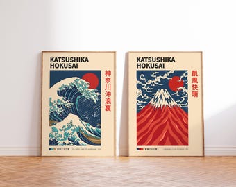 Set of 2 Hokusai prints, Great Wave art, Japanese wall art vintage, Fuji poster, Woodblock printables, Ukiyoe, Kanagawa poster, Exhibition