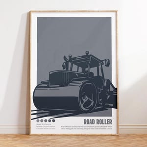 Op de afbeelding: Een zwart-witte illustratie van een wegwals. De wegwals is een grote, zware machine die wordt gebruikt om asfalt en andere materialen te verdichten. De illustratie toont de wegwals in profiel, met zijn grote, zware wielen en zijn krachtige motor. De tekst "ROAD ROLLER" is onder de illustratie gedrukt.