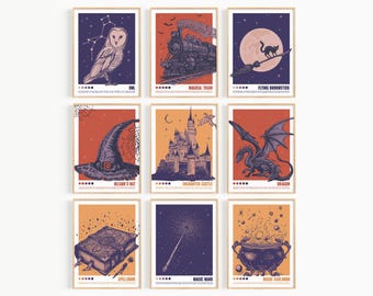 Wizard Wall Art, Wizard school printables, Castle, White owl, Magic wand, Express train, Fantasy Prints, Magical Decor, Whimsical Kids Art