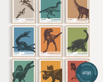 Set of 9 Dinosaur Prints, Dinosaur Wall art, Kids Decor Printable, Bauhaus Print, T-Rex Print, Vintage Dinosaur art, Minimalist Animal Print