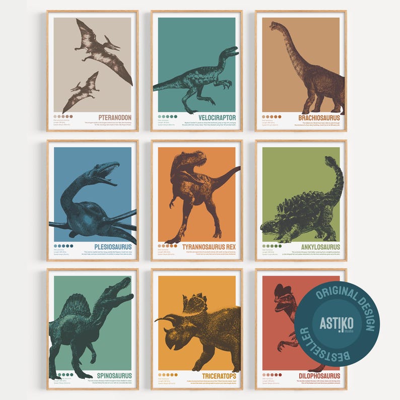 May include: A set of nine framed wall art prints featuring illustrations of dinosaurs and prehistoric creatures including Pteranodon, Velociraptor, Brachiosaurus, Plesiosaurus, Tyrannosaurus Rex, Ankylosaurus, Spinosaurus, Triceratops, and Dilophosaurus.