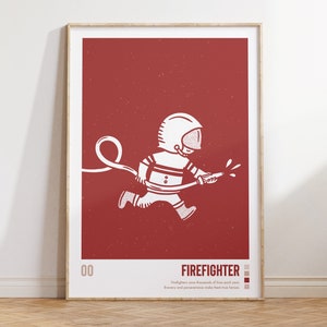 Peut inclure: Une illustration rouge et blanche d'un pompier tenant un tuyau et courant. Le texte "FIREFIGHTER" est sous l'illustration avec la légende "Les pompiers sauvent des milliers de vies chaque année. Le courage et la persévérance font d'eux de vrais héros."