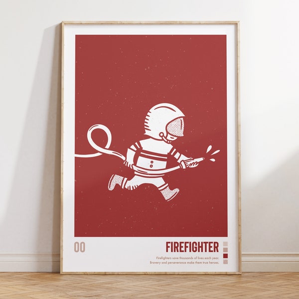 Affiche Pompier | Poster à télécharger | Poster de pompier | Rouge | Affiche enfant héros | Chambre d'enfant