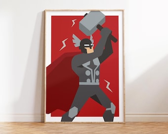 Hammer Warrior Hero Wall Art Printable, Powerful Comic Hero Poster, Kids Room Decor, Digital Hero Print, Red wall art, Knight armor print