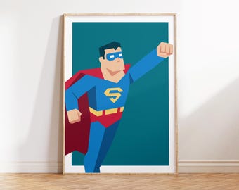 Flying Superhero Wall Art Printable for Kids Room, Cape Hero Comic Poster, Nursery Bedroom Decor, Digital Super Hero Print, Playroom art