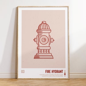 Puede incluir: Un dibujo de línea roja de una boca de incendios sobre un fondo rosa claro. El texto "FIRE HYDRANT" está debajo de la imagen con una descripción de lo que es una boca de incendios. El número "03" está en la esquina inferior izquierda.