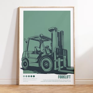 Könnte beinhalten: Eine grüne und schwarze Illustration eines Gabelstaplers mit dem Text "FORKLIFT" unten. Die Bildunterschrift lautet "Kapazität 11.000 lbs. bis zu 10.000 Pfund. Zweck: Bewegen von schweren Gütern in Lagern."