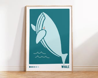 Whale Nursery Wall Art Printable, Humpback Whale art, Montessori Ocean Poster, Baby Room Printable, Sea Creature Flashcard, Turquoise blue