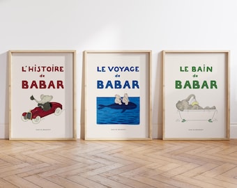 Set of 3 Babar Vintage Posters Prints, Elephant Nursery Wall Art, Babar printable, Kids Room Decor, Baby Shower Gift, Jean de Brunhoff Print
